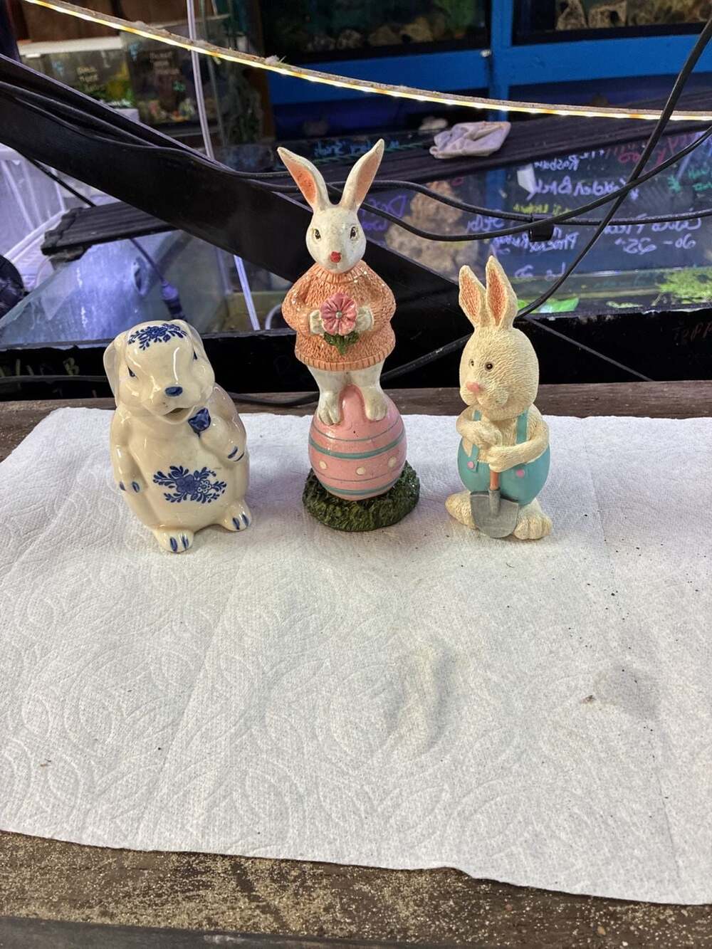 Vintage Easter Bunny Rabbit Decor Figurines and Blue Floral Pitcher Set